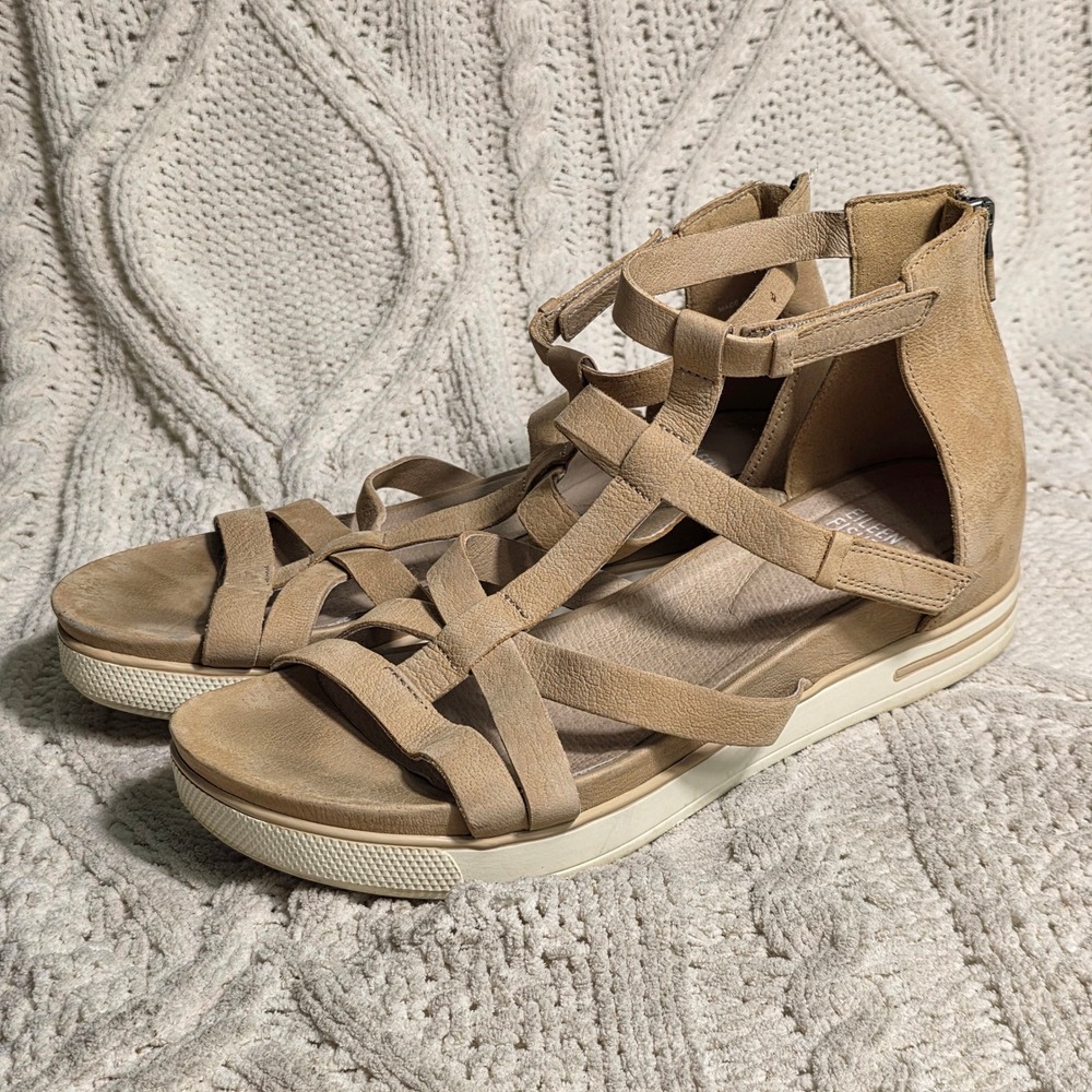 Eileen Fisher Sola Tumbled Leather Platform Gladiator Sandals Tan Women 9